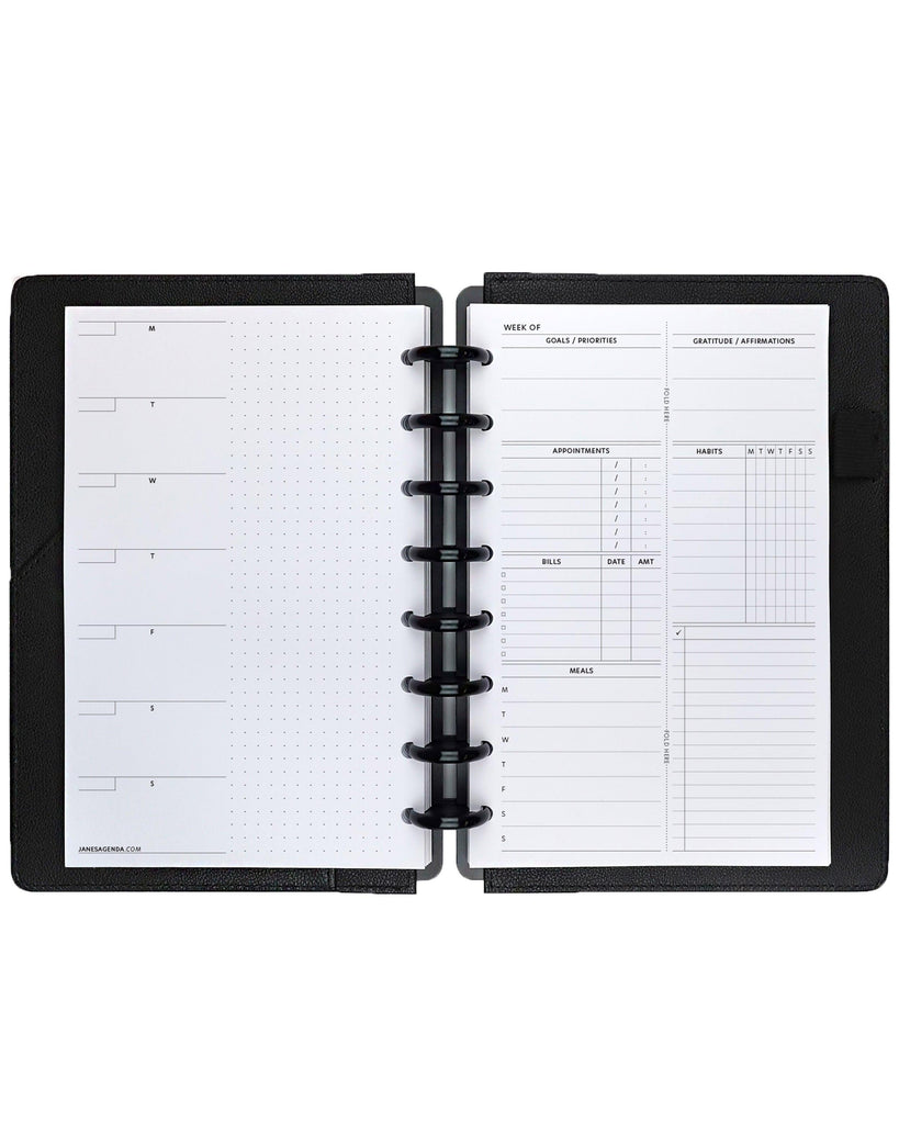 Weekly hbrrid dashboard planner insert for discbound and ringbound planner systems by Jane's Agenda.