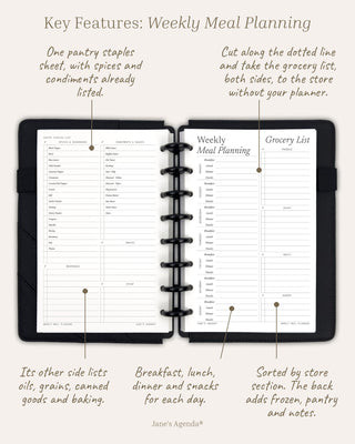 Jane’s Agenda Weekly Meal Planning key features infographic displaying an open black discbound planner with pantry staples checklists and a weekly meal planning layout. The left page includes preprinted spices, seasonings, condiments, and sauces, with additional sections for beverages, snacks, and other pantry essentials. The right page features Monday-through-Sunday meal planning spaces for breakfast, lunch, dinner, and snacks, alongside a detachable grocery list organized by store section. Handwritten ann