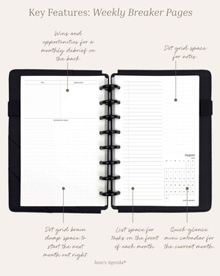 Discbound planner refill pages with events and task list space. Dot grid notes, wins and opportunities, and monthly brain dump.