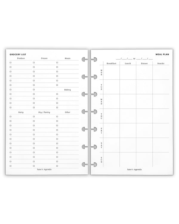 Meal planning and grocery pages from Jane's Agenda