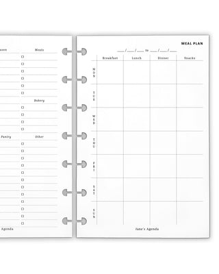 Weekly meal planning and grocery lists fplanner inserts for discbound planner systems by Jane's Agends.