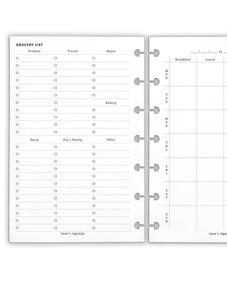Weekly meal planning and grocery lists fplanner inserts for discbound planner systems by Jane's Agends.