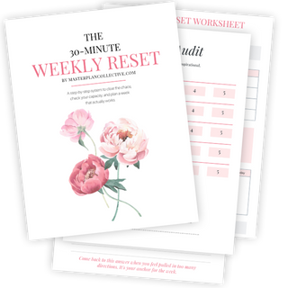 Printable 30-minute weekly reset guide with peony floral cover — weekly planning and capacity audit worksheets