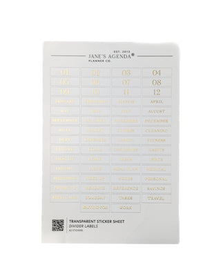Transparent gold foiled divider labels over a white background