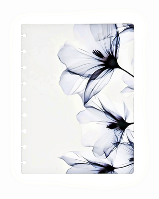 Translucent discbound planner dashboard featuring delicate, x-ray-style white flowers with dark navy centers and stems along the right side.