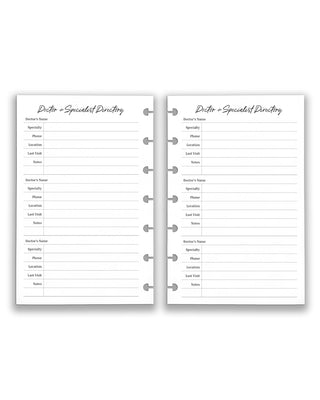 Janes Agenda discbound planning refillable inserts, medical insert pack, doctor and specialist directory