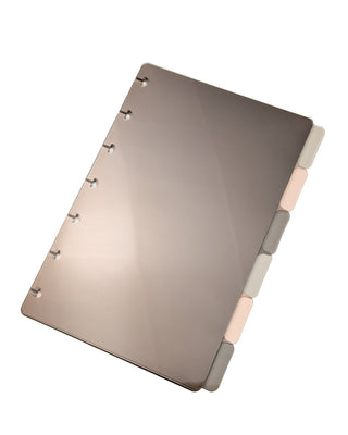 Stained glass like plastic tabbed planner dividers set of six stacked on a white background.