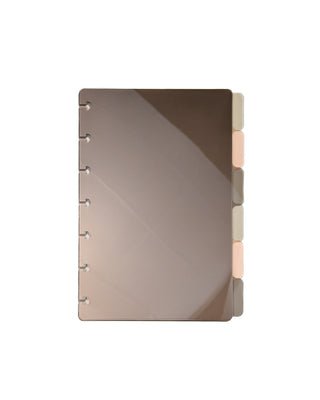 Stained glass like plastic tabbed planner dividers set of six stacked on a white background.