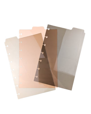 A set of three stained glass translucent multi-color top tabbed plastic planner dividers over a white background