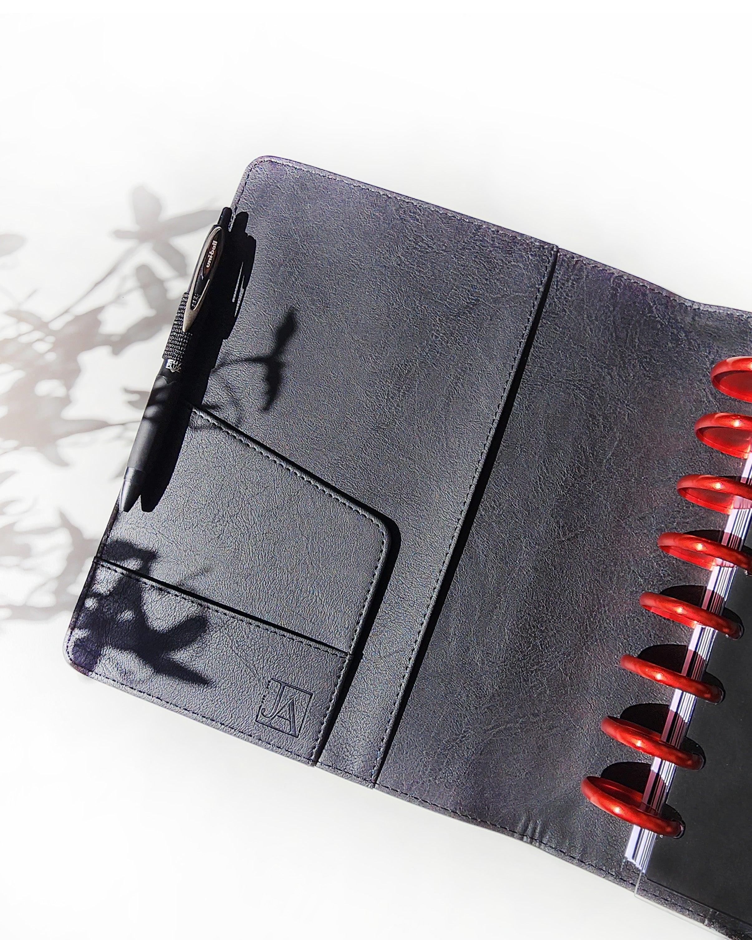 Vegan leather black discbound planner cover and planner notebook portfolio for discbound planners by Janes Agenda.