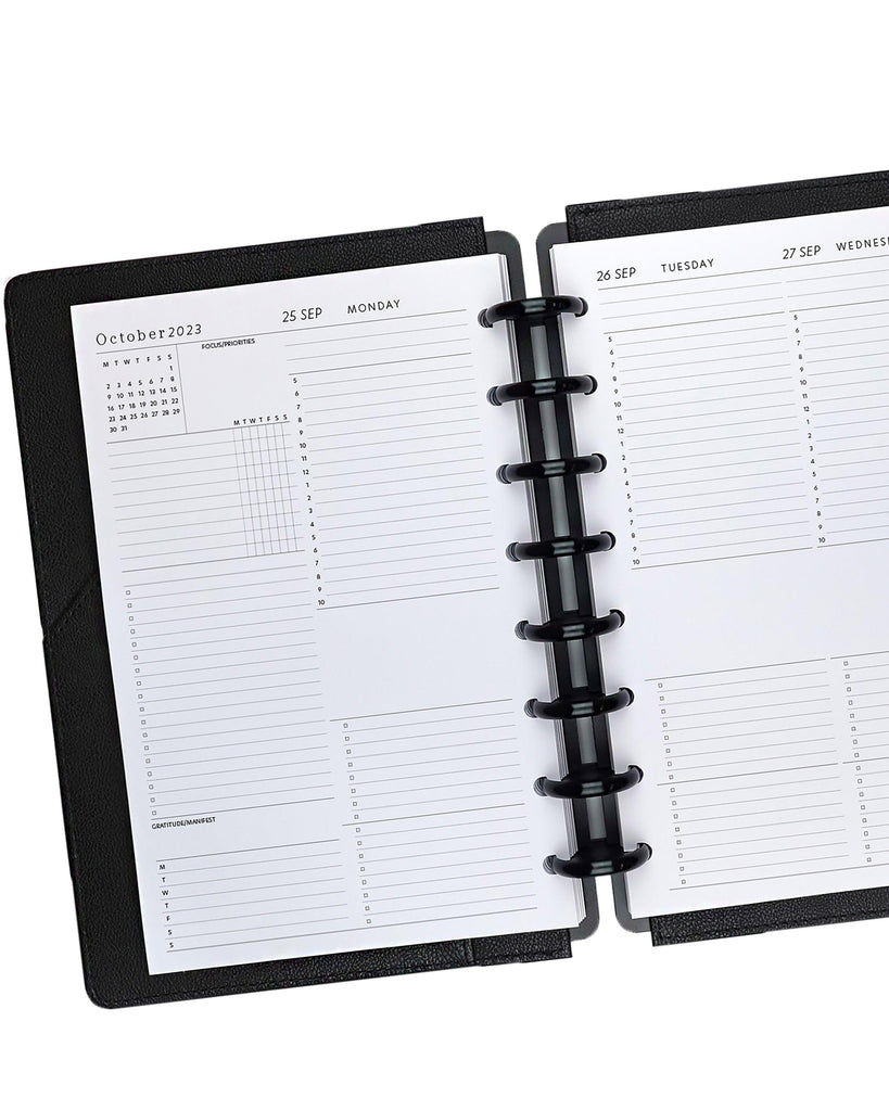 Weekly planner inserts pages for discbound and six ring planner binding systems and notebooks by Janes Agenda.