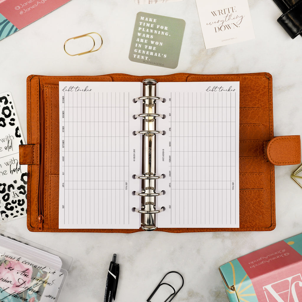 Printable debt tracking planner inserts by Jane's Agenda® for discbound and six ring planner sizes and systems.
