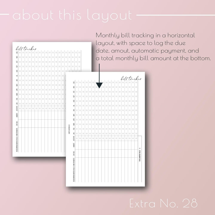 Monthly bill tracking inserts By Jane's Agenda® for six ring and discbound planner systems.