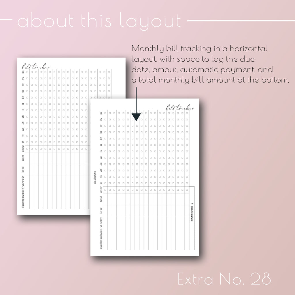 Printable monthly bill tracking planner inserts by Jane's Agenda® for discbound and six ring planner sizes and systems.
