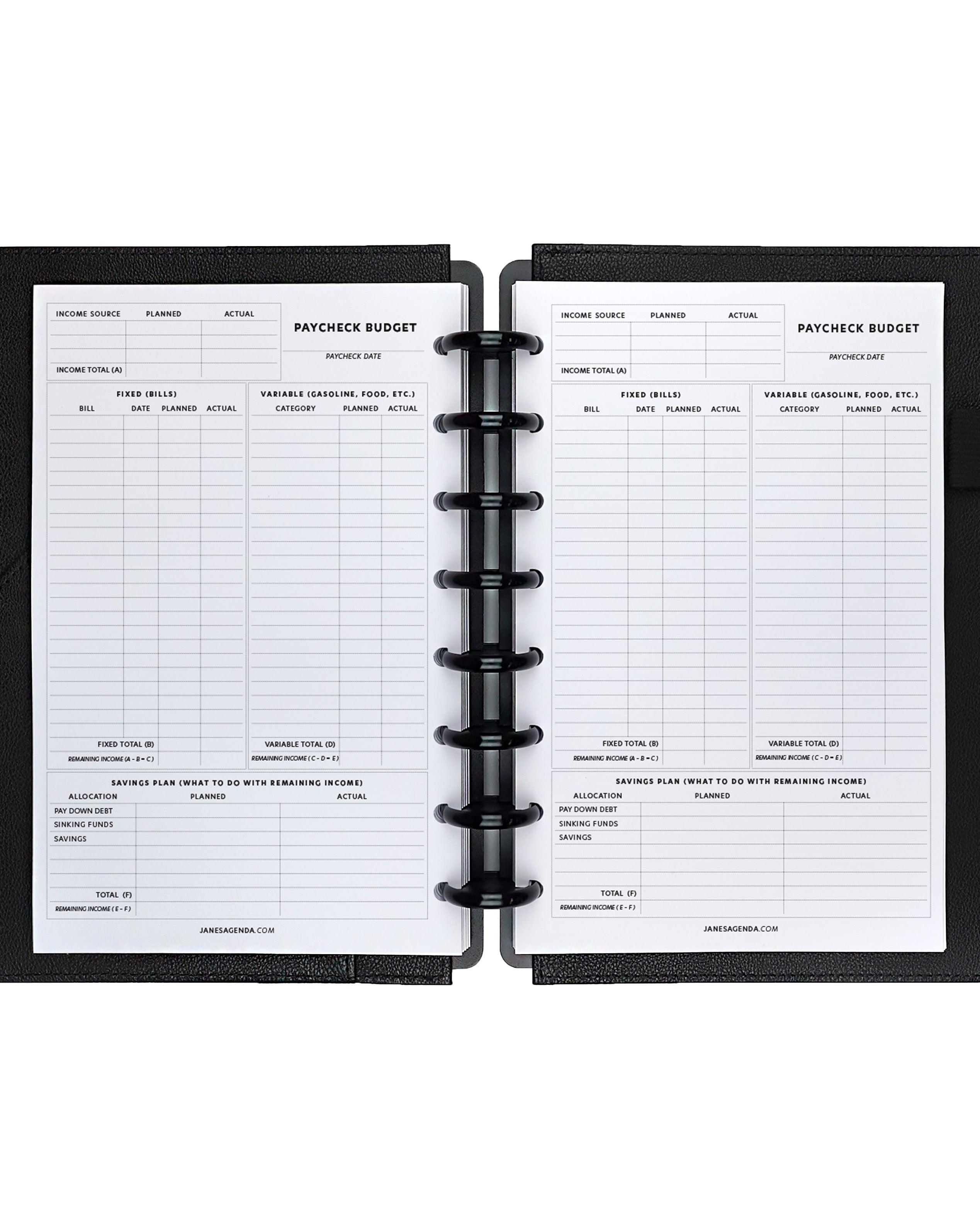 Paycheck budget planner inserts for discbound and six ring planner systems by Janes Agenda.