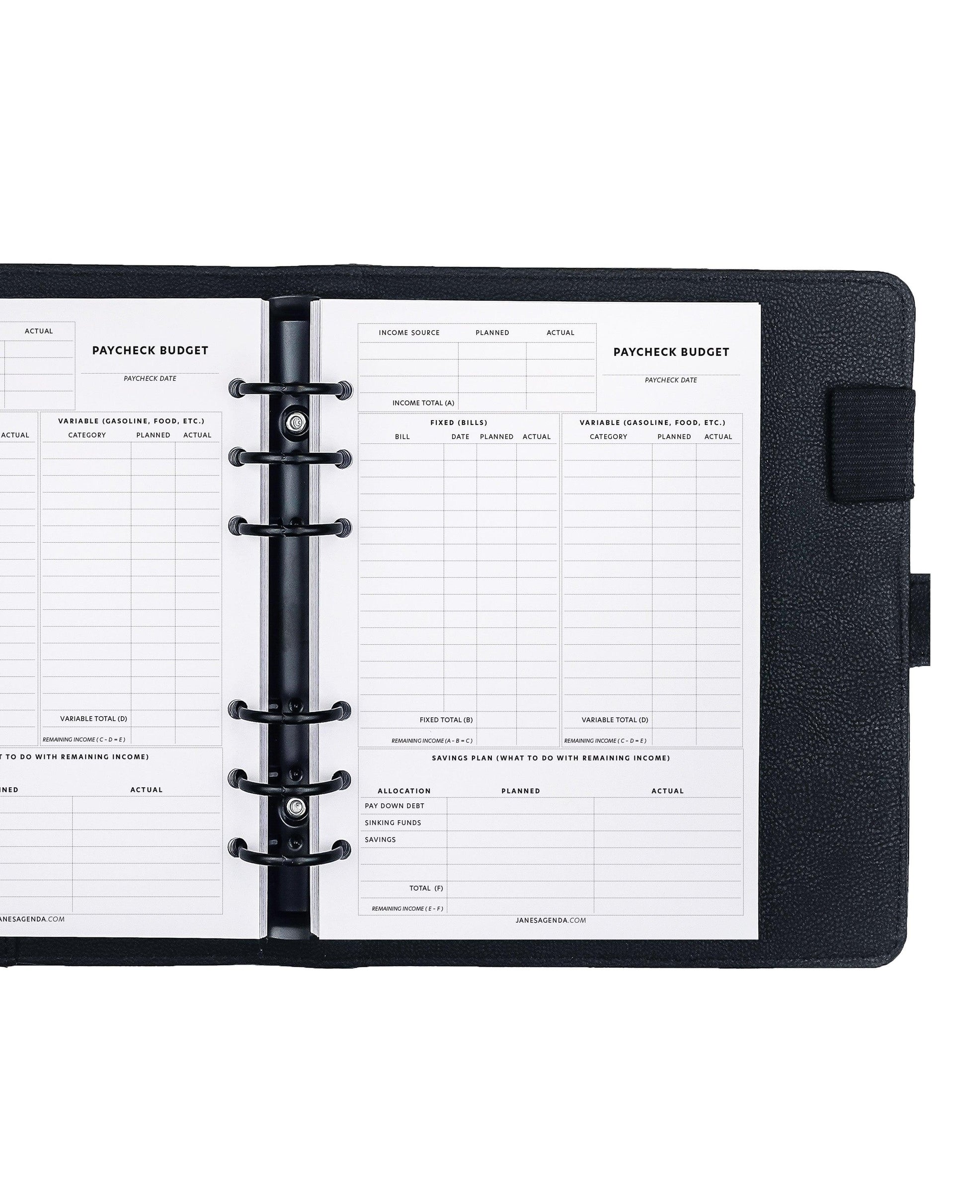 Paycheck budget planner inserts for discbound and six ring planner systems by Janes Agenda.
