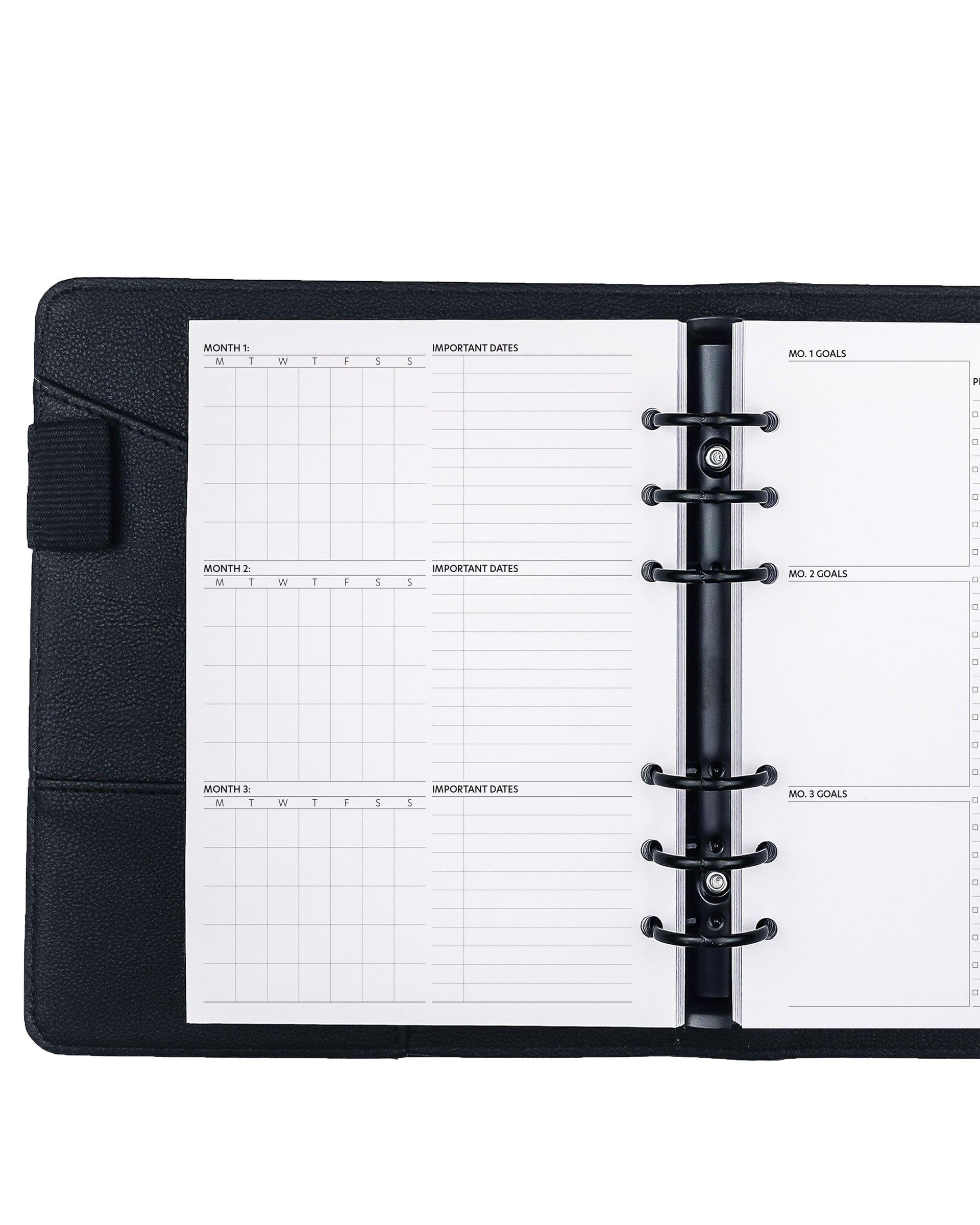 Quarterly monthly planning inserts for discbound and six ring planners and planner binding systems by Janes Agenda.
