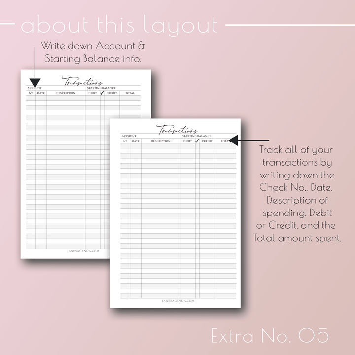 Planner Insert Extra No. 05, Checkbook Register planner refill pages, by Jane's Agenda®.