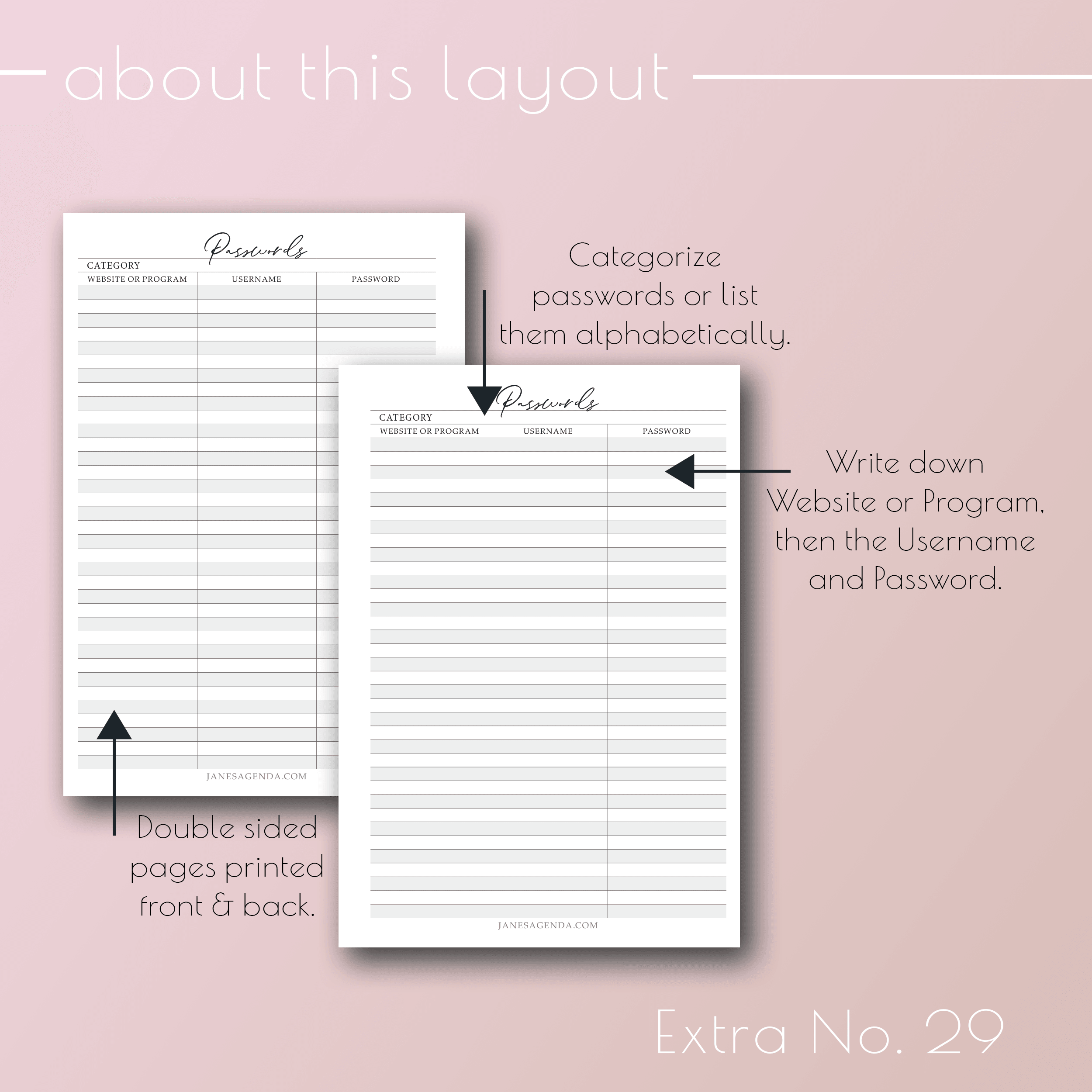 Planner insert Extra No. 29, Passwords by category planner refill pages, by Jane's Agenda®.