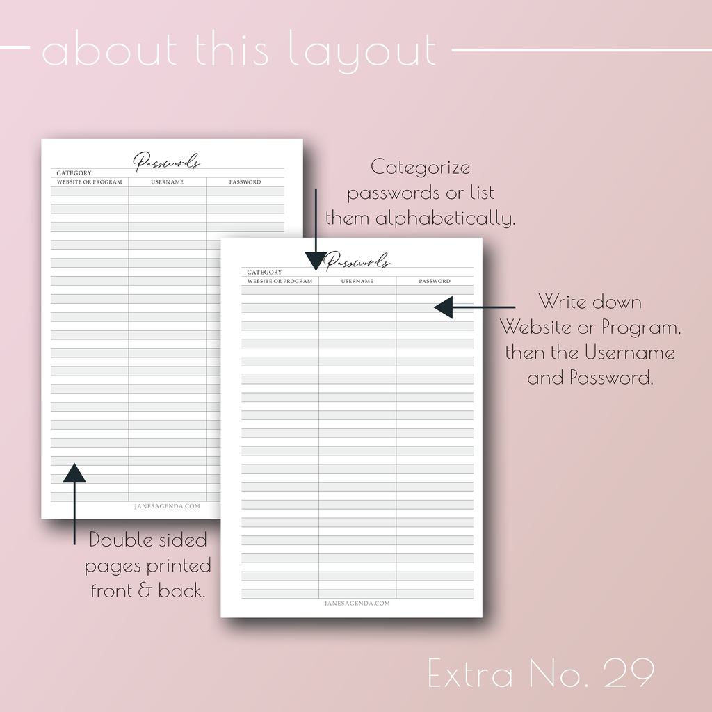 Printable password inserts by Jane's Agenda® for discbound and six ring planner sizes and systems.