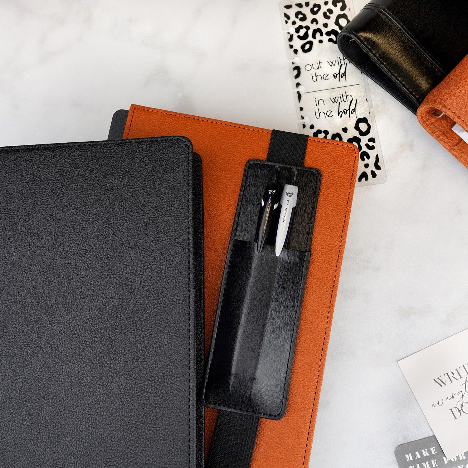 Black vegan leather  pen holder with elastic band, for discbound planners by Jane's Agenda®.