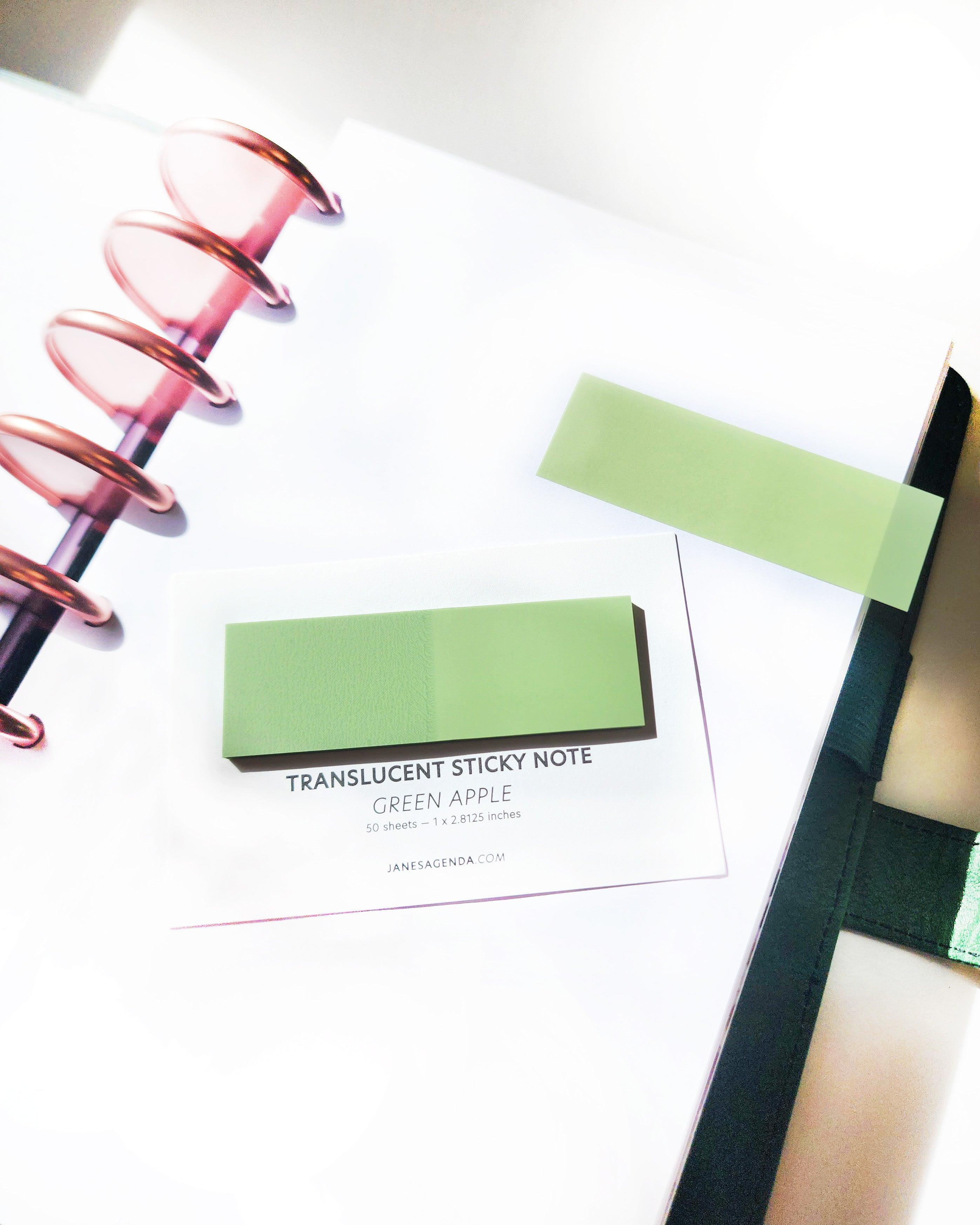 Green plastic sticky notes and page flags by Janes Agenda.