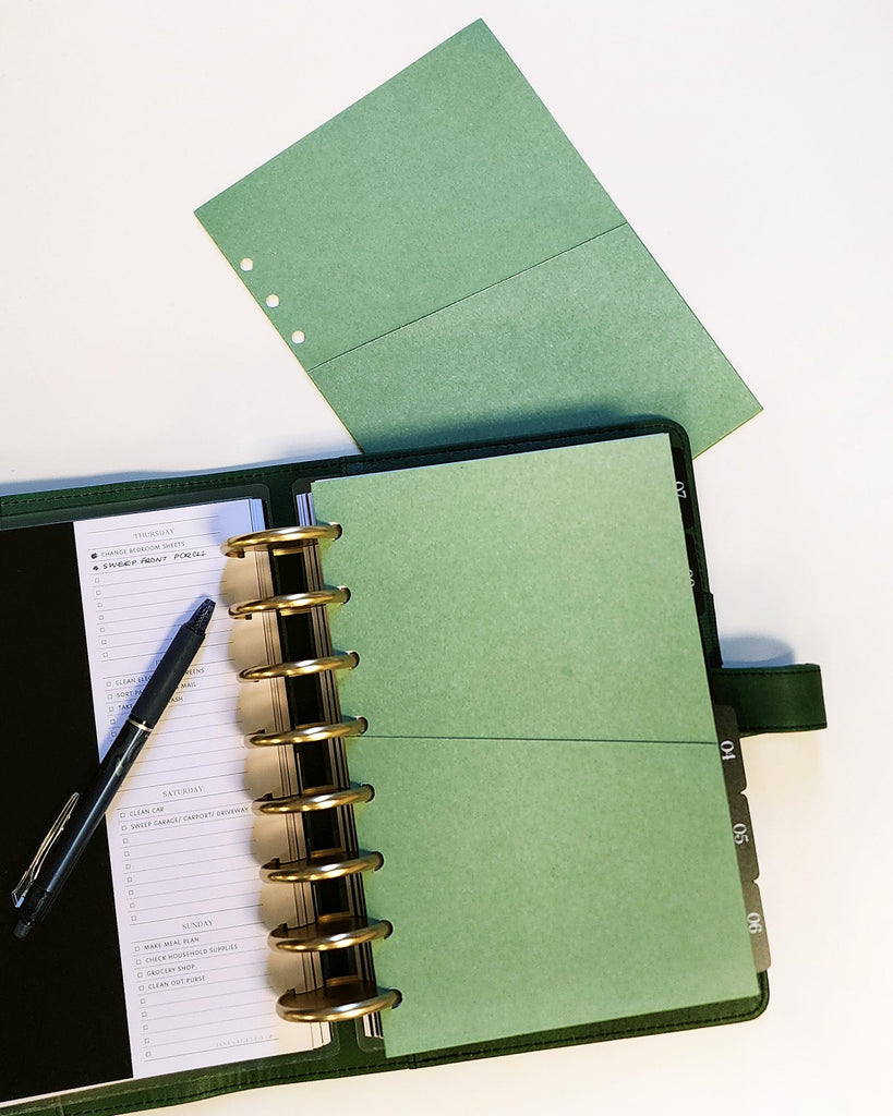 Green planner folder divider with pocket for six ring and discbound planners by Janes Agenda.