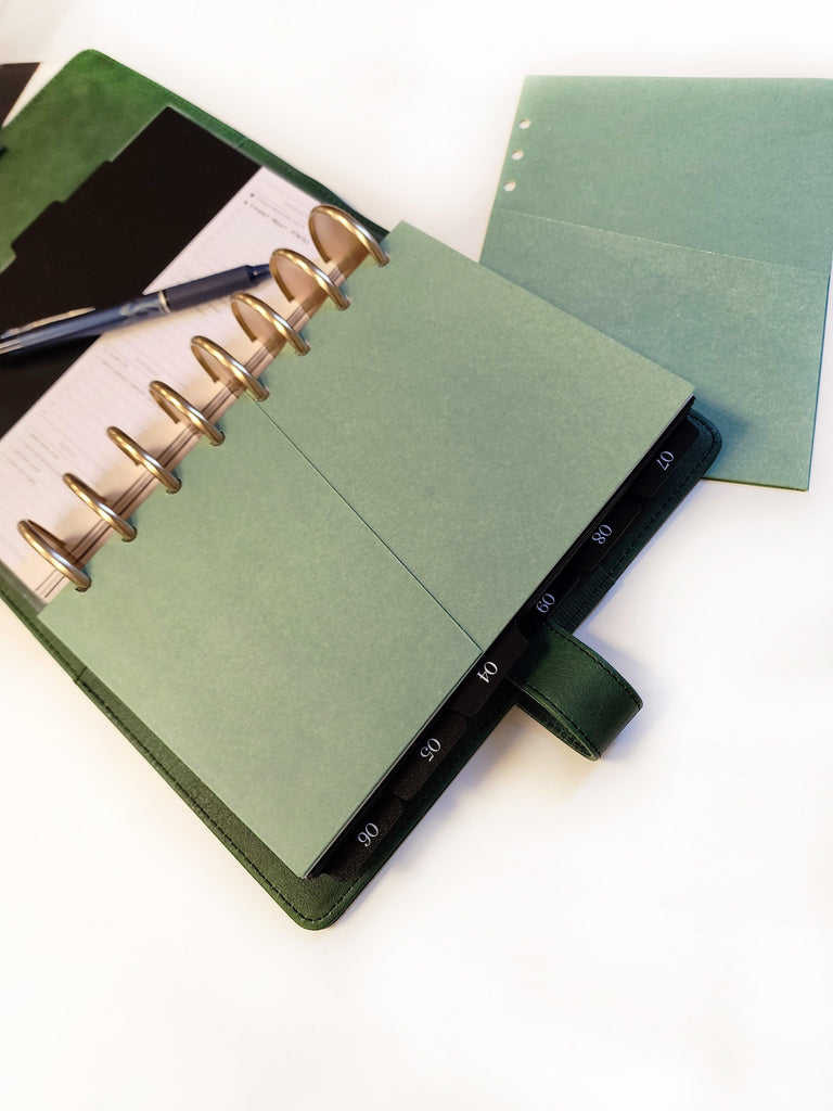 Green planner folder divider with pocket for six ring and discbound planners by Janes Agenda.