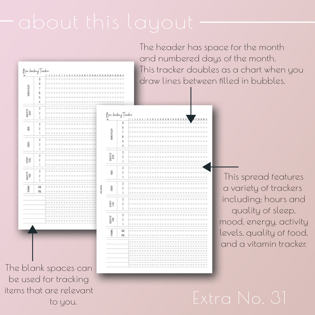 Printable download of the biohacking planner inserts by Jane's Agenda®, for six ring and discbound planner systems.