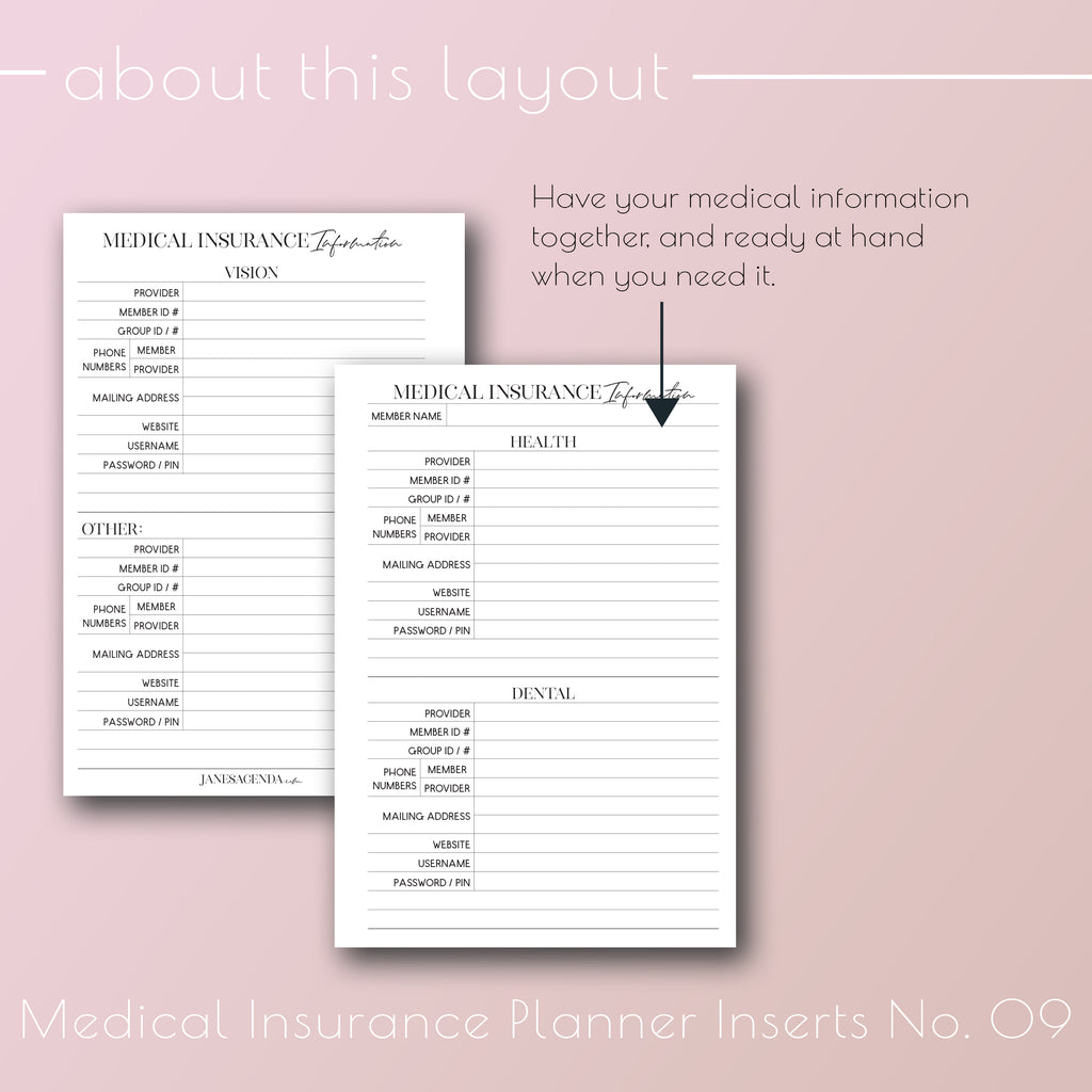 Printable medical insurance information planner pages by Jane's Agenda® for discbound and six ring planner systems.