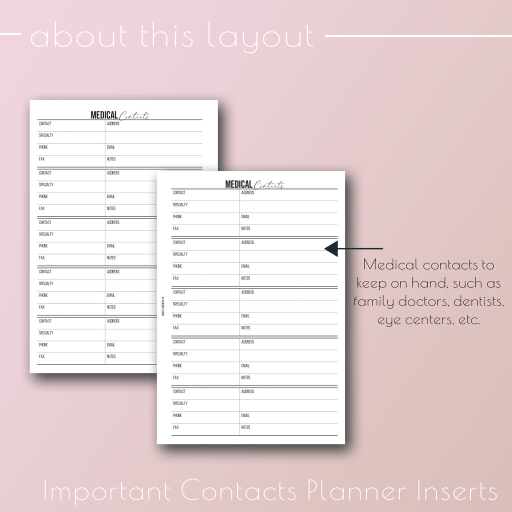 Printable Important Contacts Planner inserts by Jane's Agenda® for six ring planners and discbound notebooks and planner binding systems.