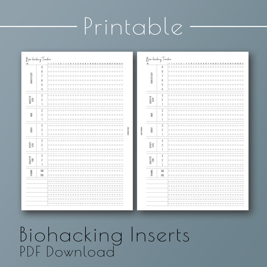 Printable download of the biohacking planner inserts by Jane's Agenda®, for six ring and discbound planner systems.