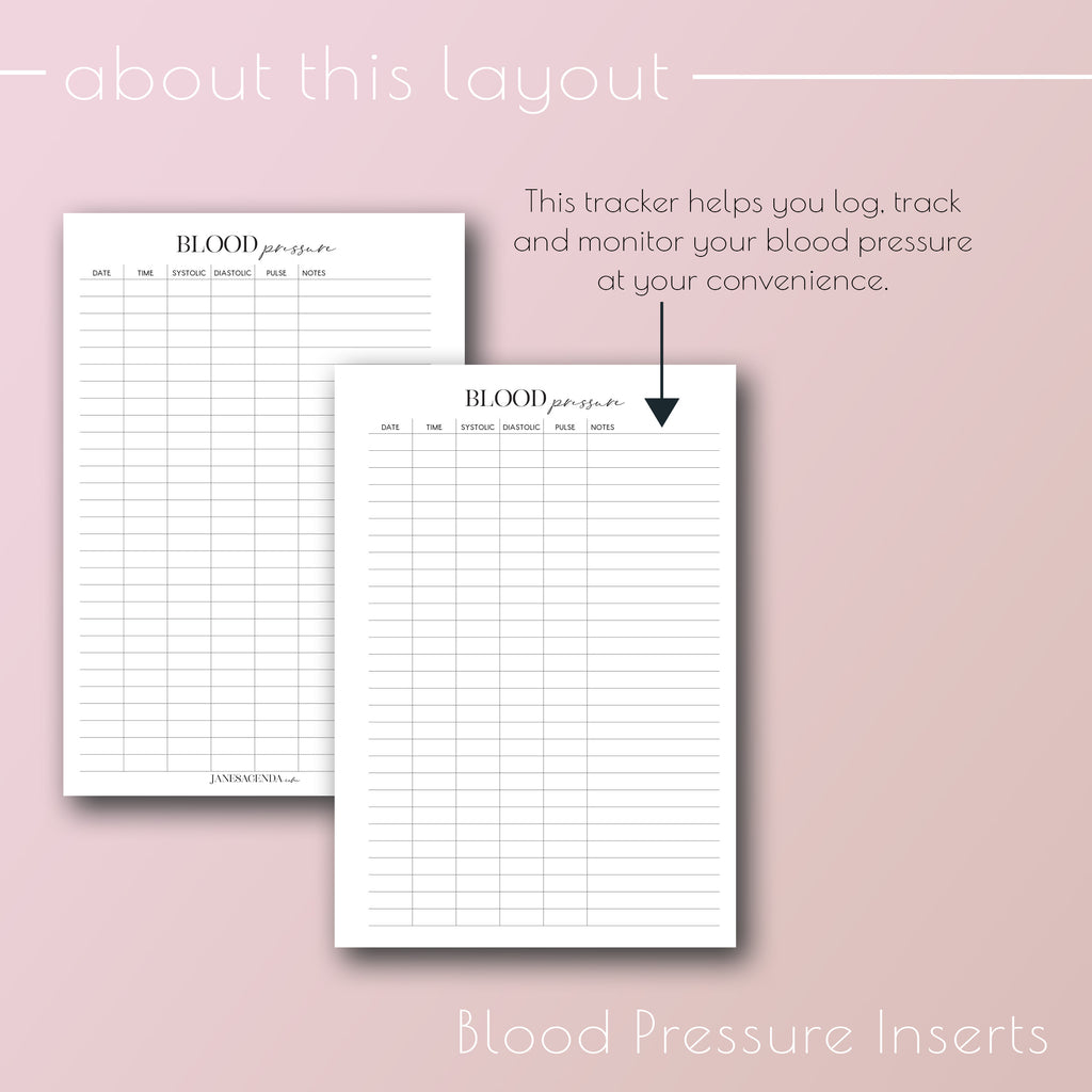 Printable blood pressure planner inserts by Jane's Agenda® for discbound and six ring planner systems.