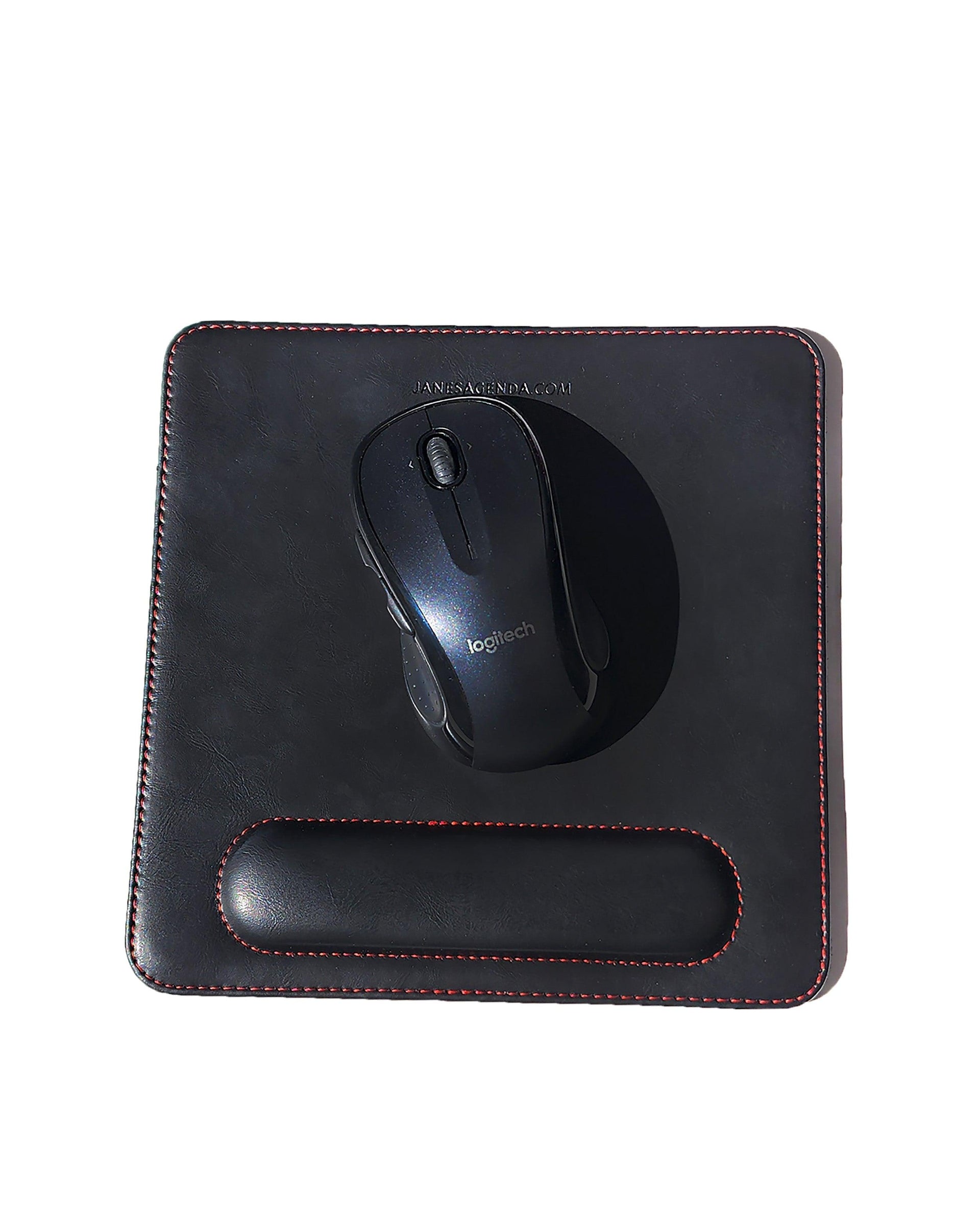 Vegan leather mouse pad with wrist guard by Janes Agenda.