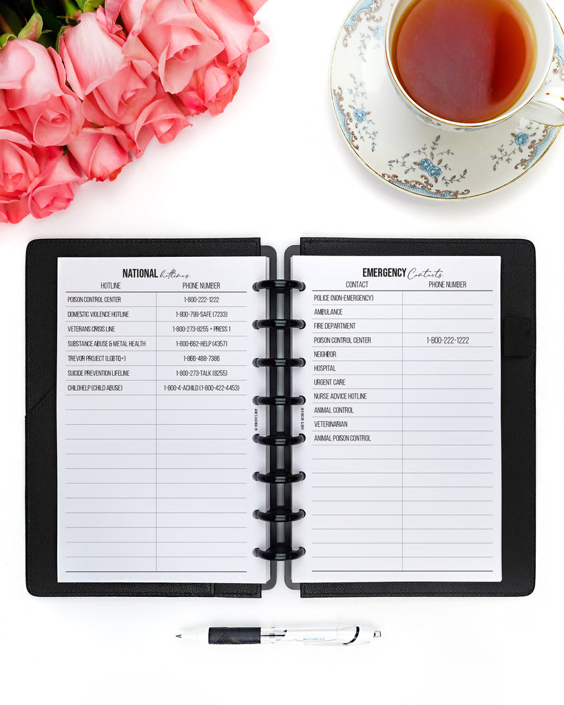 Printable Important Contacts Planner inserts by Jane's Agenda® for six ring planners and discbound notebooks and planner binding systems.