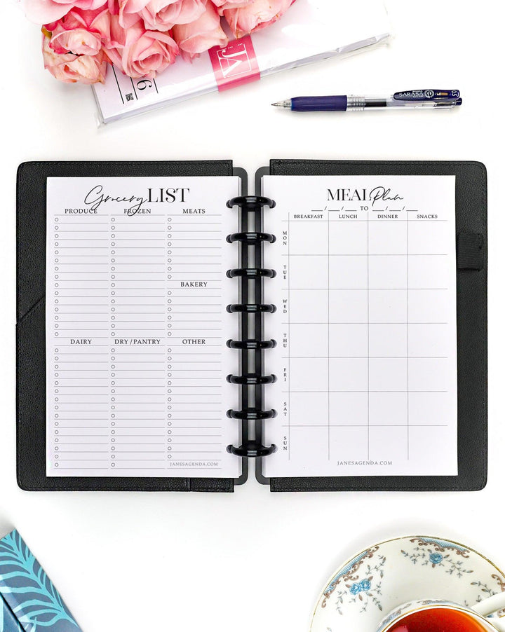Meal planning with grocery lists planner inserts refill pages by Jane's Agenda for six ring and discbound planner systems.
