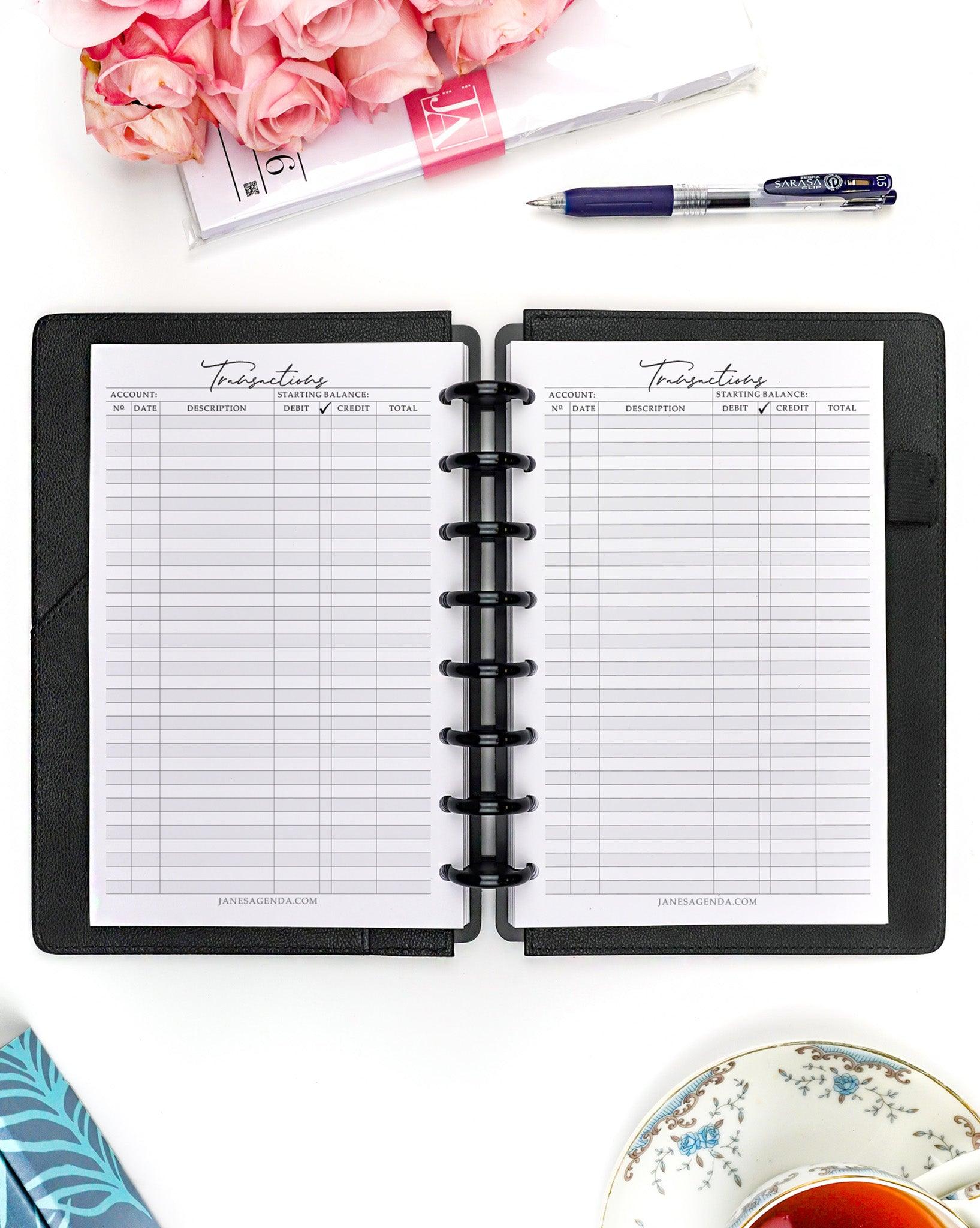 Transactions planner inserts refill pages for six ring and discbound planner systems by Jane's Agenda.