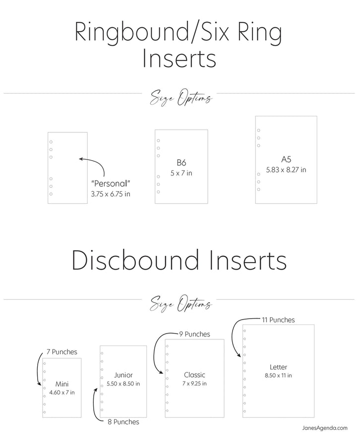 Jane's Agenda® discbound and six ring planner size guide.