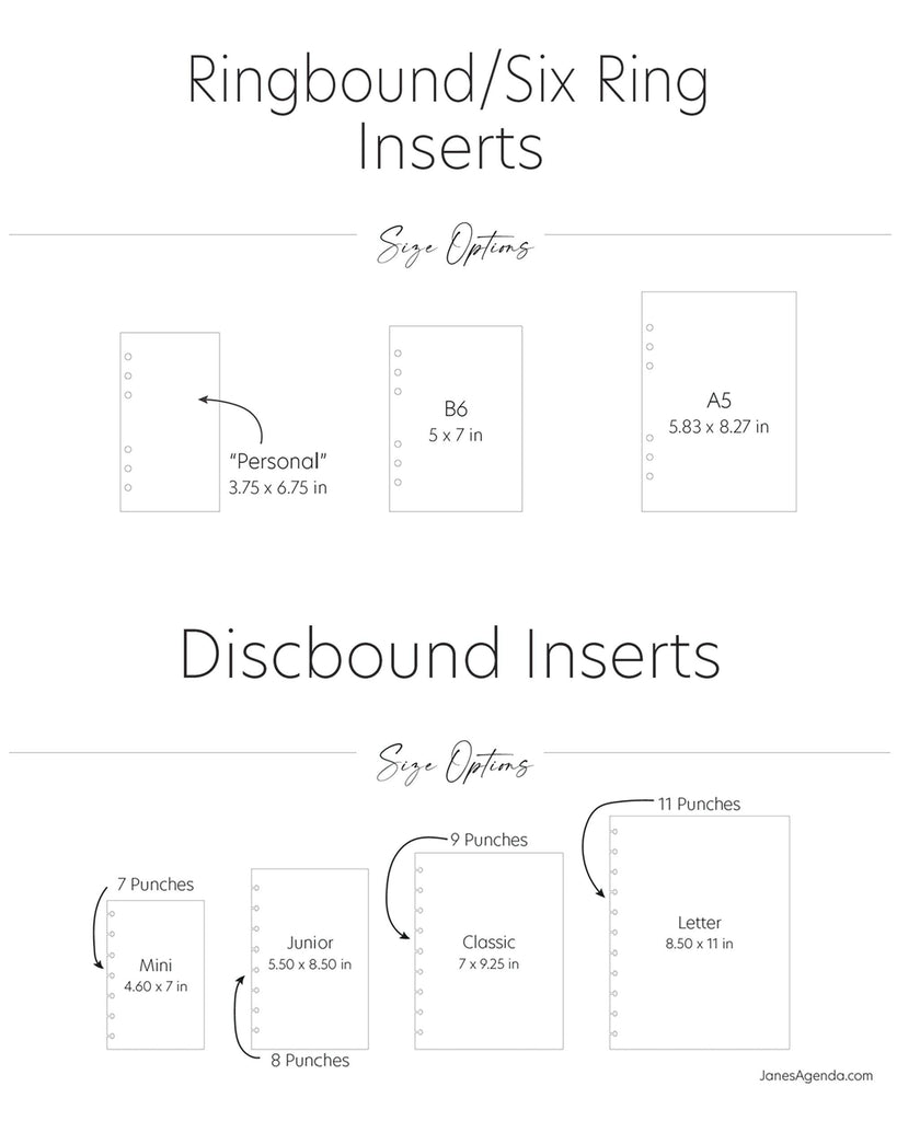 Jane's Agenda® discbound and six ring planner size guide.