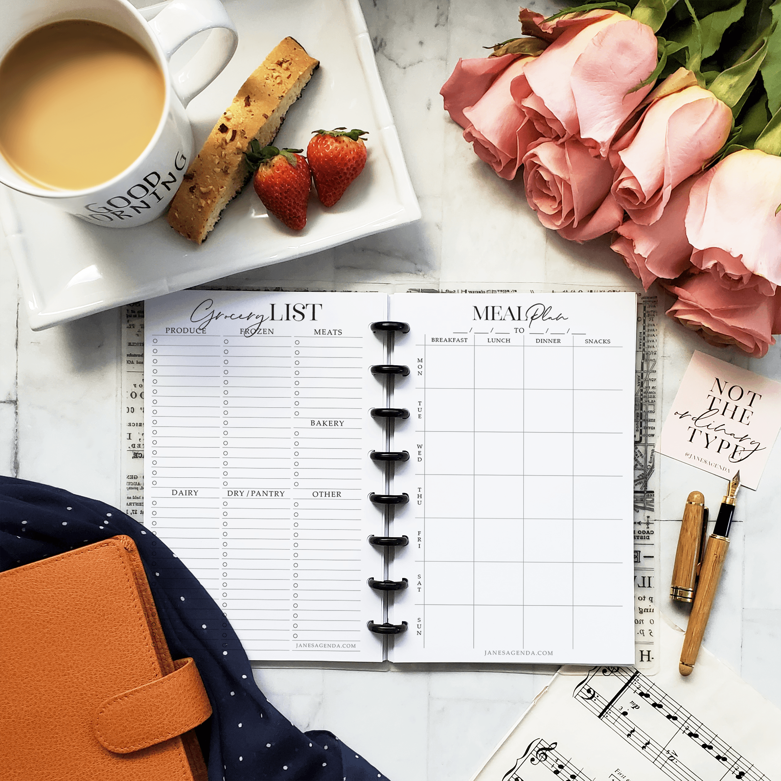Meal planning with grocery lists planner inserts for six ring and discbound planner systems by Jane's Agenda®