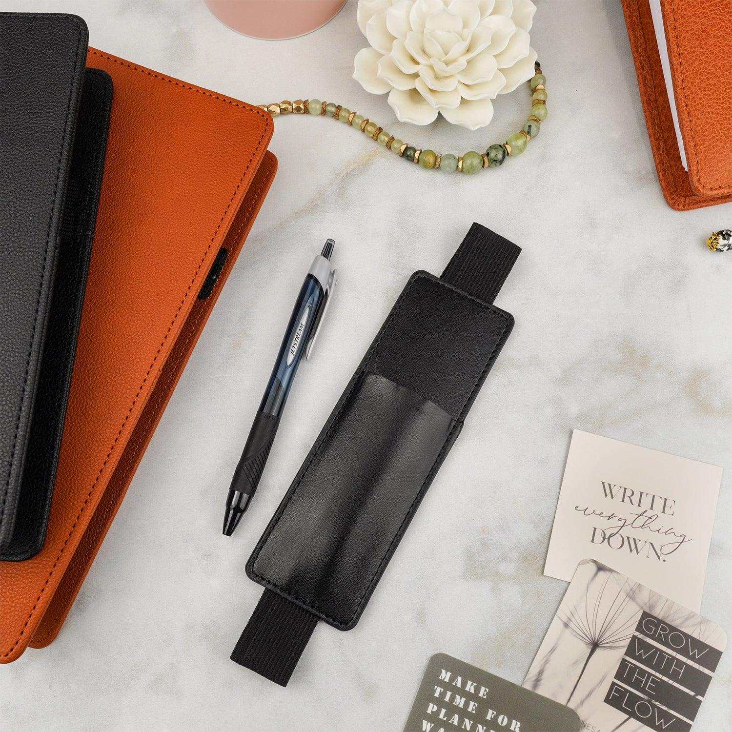 Black vegan leather  pen holder with elastic band, for discbound planners by Jane's Agenda®.