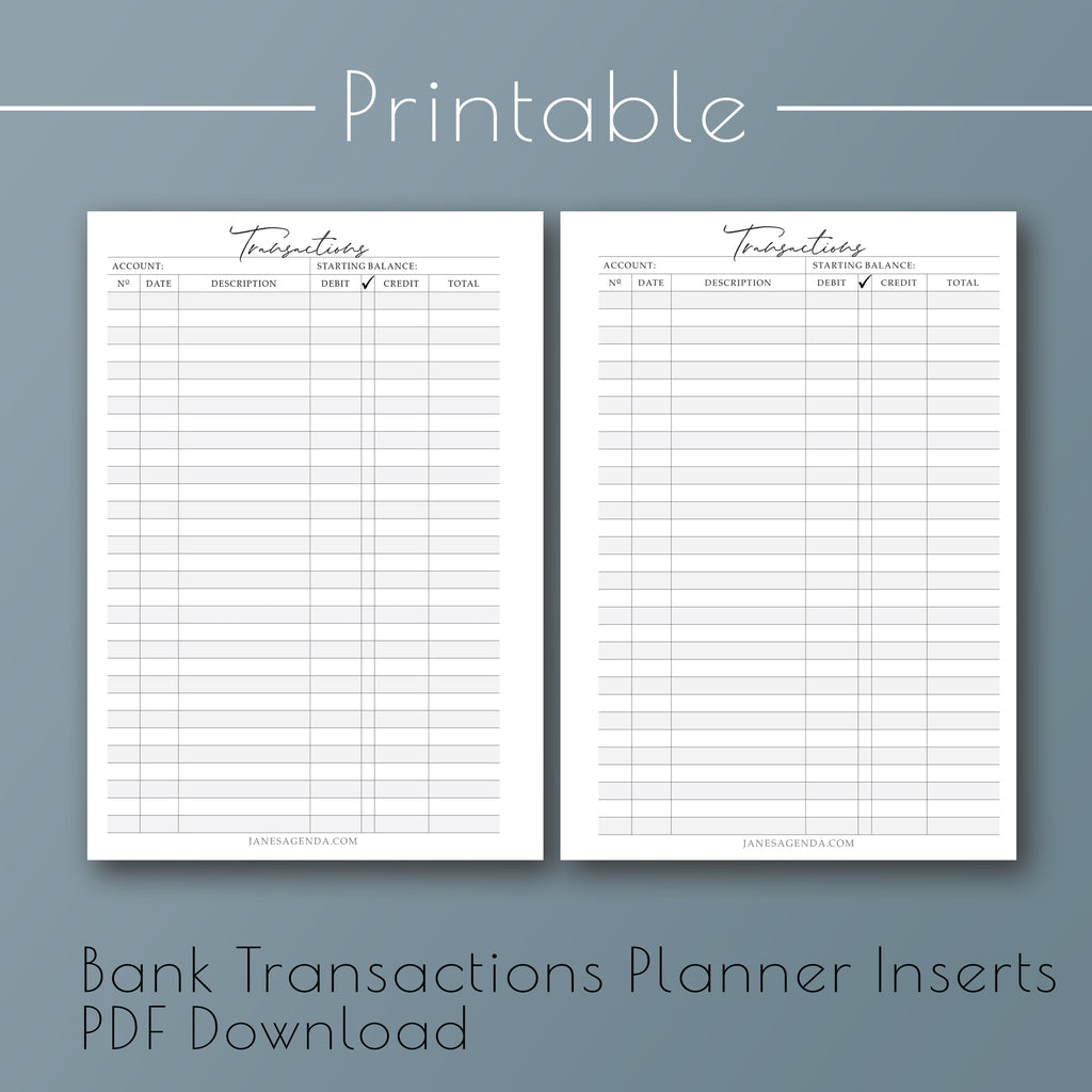 Printable financial banking transactions planner inserts by Jane's Agenda® for discbound and six ring planner sizes and systems.