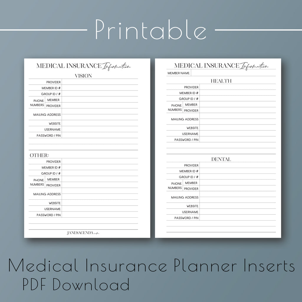 Printable medical insurance information planner pages by Jane's Agenda® for discbound and six ring planner systems.