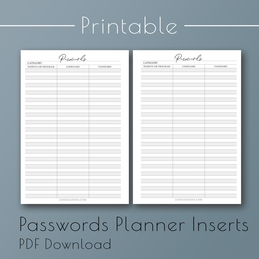 Printable password inserts by Jane's Agenda® for discbound and six ring planner sizes and systems.