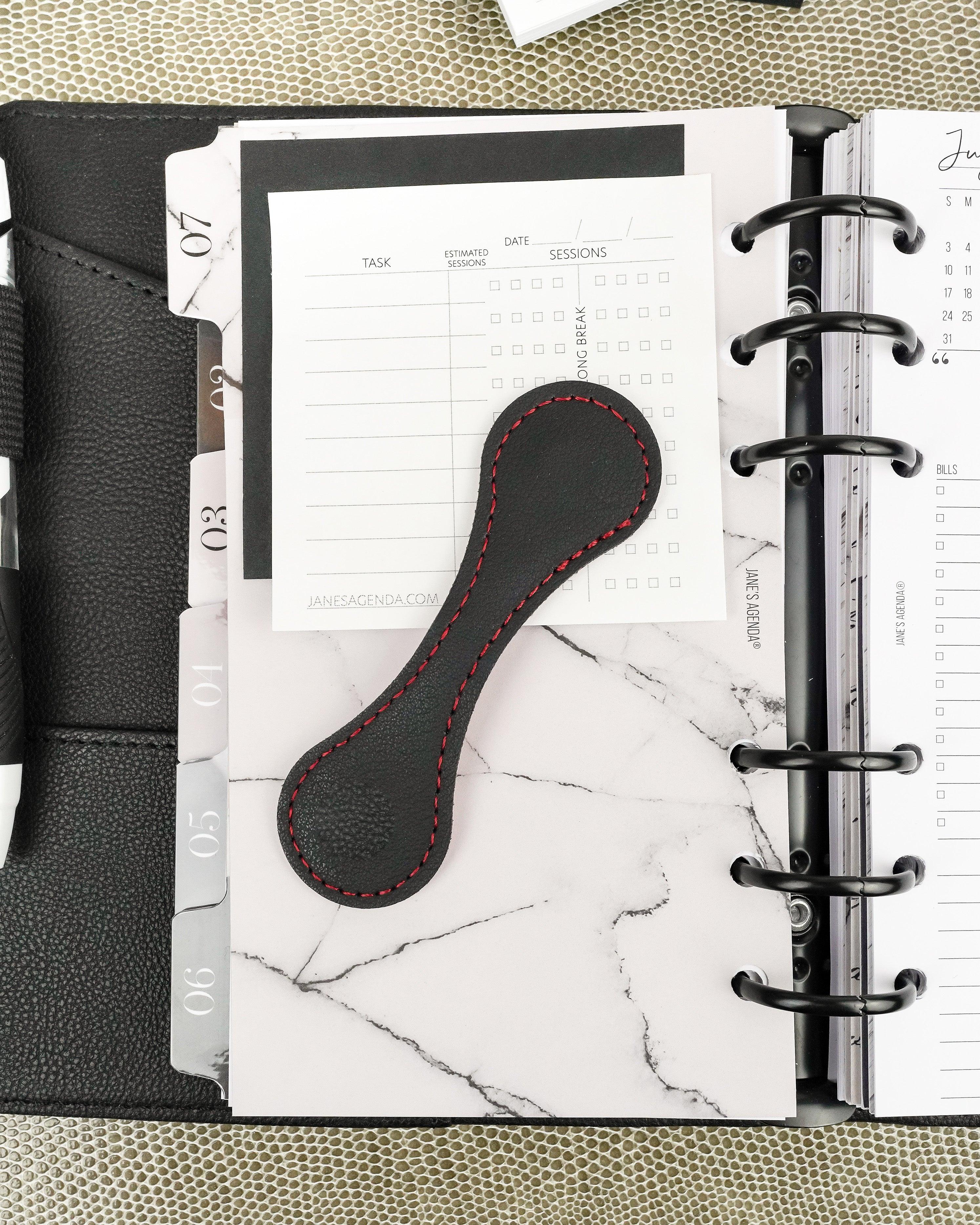 Custom made red bottom magnetic vegan leather planner clip by Jane's Agenda®.