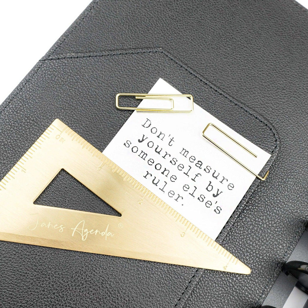Gold rectangle paper clips with quote card by Jane's Agenda®.