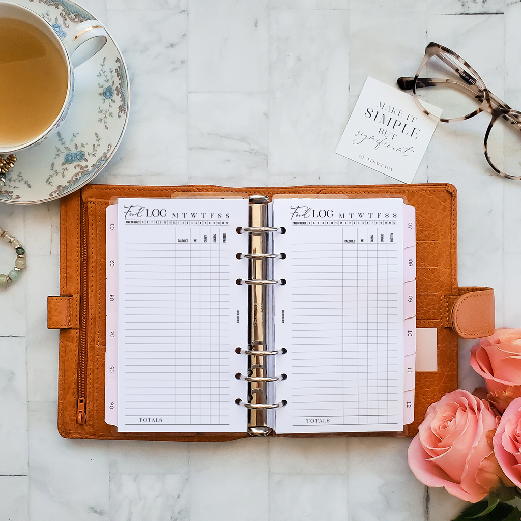 Printable food tracking and meal log planner inserts by Jane's Agenda® for discbound and six ring planner systems and sizes.