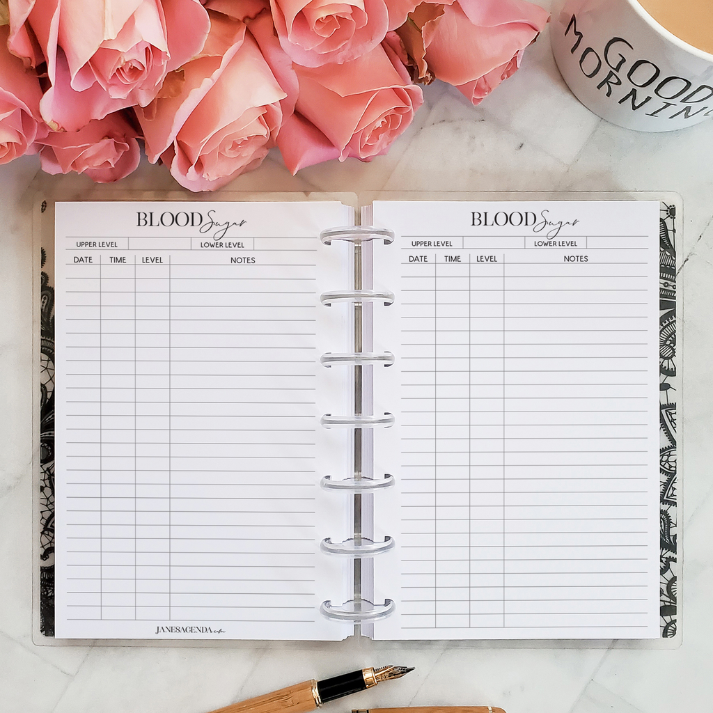 Printable blood sugar planner inserts by Jane's Agenda® for discbound and six ring planner systems.