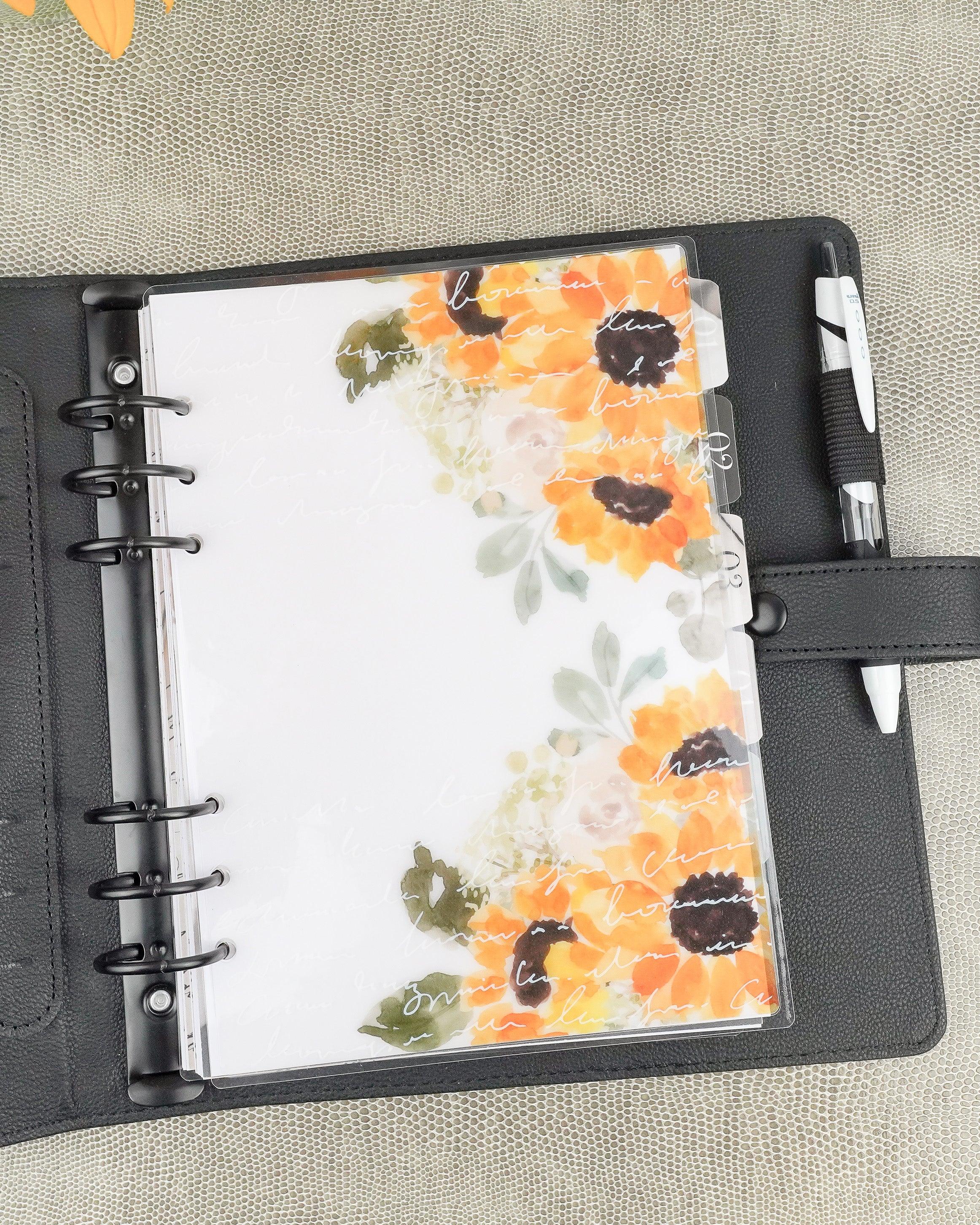 Laminated sunflower planner dashboard for six ring and discbound planner systems by Jane's Agenda®.