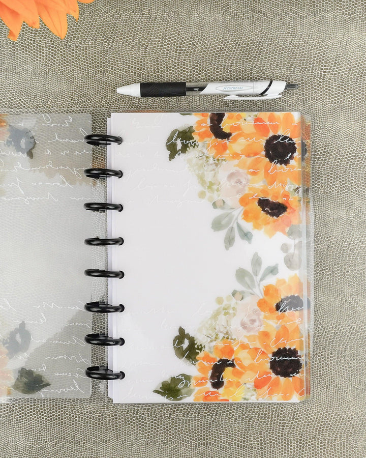 Laminated sunflower planner dashboard for six ring and discbound planner systems by Jane's Agenda®.